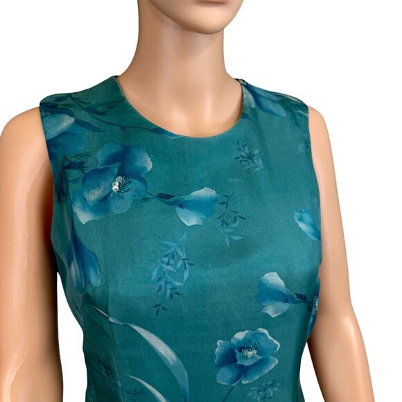 Vintage 90s Liz Claiborne 100% Silk Chiffon Dress Sz 6P Teal Floral Embellished - Picture 3 of 16
